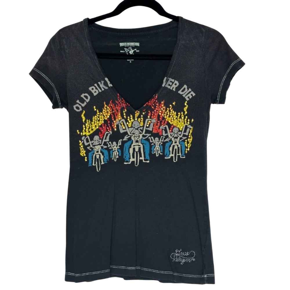 True Religion "Old Bikes Never Die" Black V-Neck Women's Tee Shirt Size S